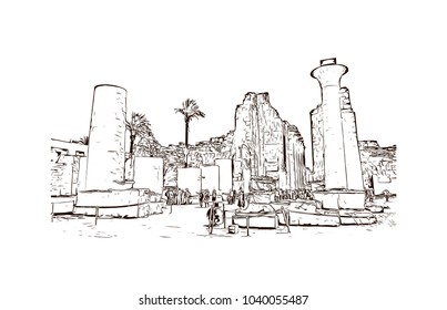 The Karnak Temple Complex, commonly known as Karnak, comprises a vast mix of decayed temples, chapels, pylons, and other buildings in Egypt. Hand drawn sketch illustration in vector.