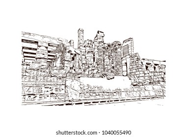 The Karnak Temple Complex, commonly known as Karnak, comprises a vast mix of decayed temples, chapels, pylons, and other buildings in Egypt. Hand drawn sketch illustration in vector.