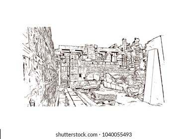 The Karnak Temple Complex, commonly known as Karnak, comprises a vast mix of decayed temples, chapels, pylons, and other buildings in Egypt. Hand drawn sketch illustration in vector.