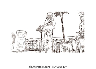 The Karnak Temple Complex, commonly known as Karnak, comprises a vast mix of decayed temples, chapels, pylons, and other buildings in Egypt. Hand drawn sketch illustration in vector.