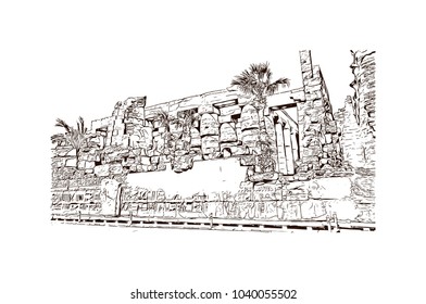 The Karnak Temple Complex, commonly known as Karnak, comprises a vast mix of decayed temples, chapels, pylons, and other buildings in Egypt. Hand drawn sketch illustration in vector.