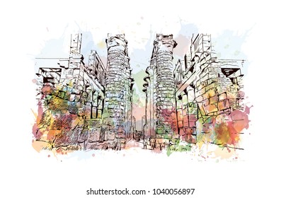 The Karnak Temple Complex, commonly known as Karnak, comprises a vast mix of decayed temples, chapels, pylons, and other buildings in Egypt. Watercolor splash with Hand drawn sketch in vector.