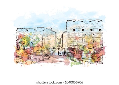 The Karnak Temple Complex, commonly known as Karnak, comprises a vast mix of decayed temples, chapels, pylons, and other buildings in Egypt. Watercolor splash with Hand drawn sketch in vector.