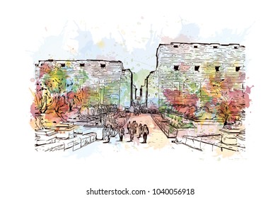 The Karnak Temple Complex, commonly known as Karnak, comprises a vast mix of decayed temples, chapels, pylons, and other buildings in Egypt. Watercolor splash with Hand drawn sketch in vector.