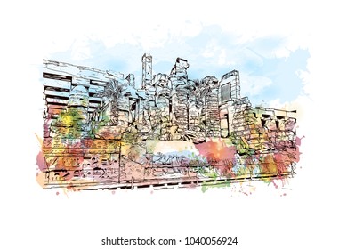The Karnak Temple Complex, commonly known as Karnak, comprises a vast mix of decayed temples, chapels, pylons, and other buildings in Egypt. Watercolor splash with Hand drawn sketch in vector.