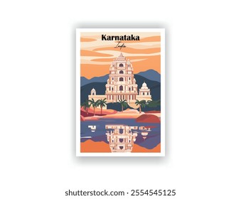 Karnataka India. Hand-drawn vector illustration. Vintage travel poster. Wall art and print set for hikers, campers, and stylish living room decor.