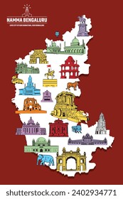 Karnataka Map, Bangalore Skyline with Historic Buildings and a sketch of Bangalore city.