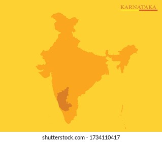 karnataka map highlighted in india map on yellow background with swatch colours