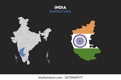 Mapa de Karnataka con bandera india, estados indios, adecuado para educación, negocios, presentaciones, impresión, uso del Web y proyectos geográficos creativos. Territorio de la unión india.