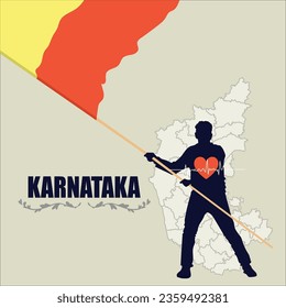 Karnataka map outline with Puneet Rajkumar. Karnataka rajyotsava celebration. Karnatak flag vector illustration