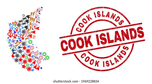 Collage del mapa del estado de Karnataka y el sucio sello redondo rojo de las Islas Cook. El sello de las Islas Cook utiliza líneas vectoriales y arcos. El collage de mapas del estado de Karnataka incluye cascos, casas, torres, soles, personas,