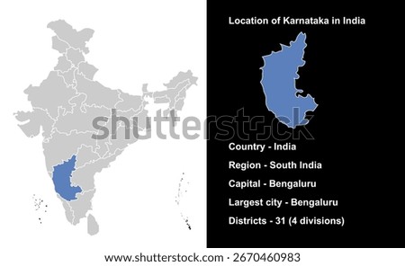 Karnataka State Outline Map India, Indian states, suitable for education, business, presentations, print, web use, and creative geographic projects. Indian union territory.