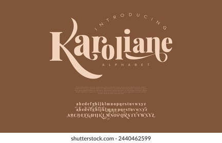 Karoliane premium luxury elegant alphabet letters and numbers. Vintage wedding typography classic serif font decorative vintage retro. Creative vector illustration