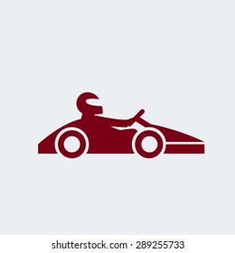 Kart with driver in helmet. Auto racing, motorsports, automobile concept. Open-wheel motorsport car, go-kart icon. Vector illustration eps 8 on grey background. For your design and business.