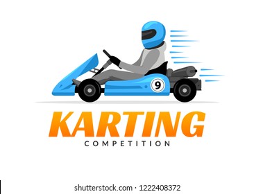 Kart driver sport logo icon. Karting racing isolated, Man drive kart in helmet background design.