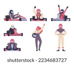 Kart drivers in cars and standing full length characters set, flat vector illustration isolated on white background. Karting competition or go-kart racing characters.