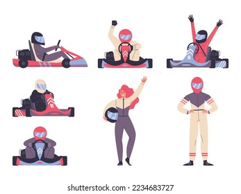 Kart drivers in cars and standing full length characters set, flat vector illustration isolated on white background. Karting competition or go-kart racing characters.