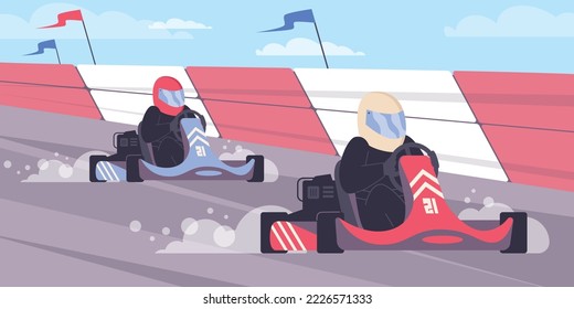 Kart race background with racing speed vehicle on asphalt track, flat cartoon vector illustration. Karting racetrack banner backdrop with drivers in sports cars.