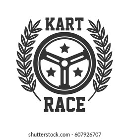 Kart race logotype with steering wheel and bay leaves around isolated on white. Badge of tournament or competition for fast motion activity using speedy vehicles. Karting driving vector template