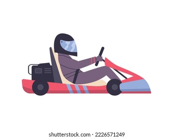 Kart racer driving sports car flat vector illustration isolated on white background. Side view of kart with racer for sport competitions and entertainment activity.