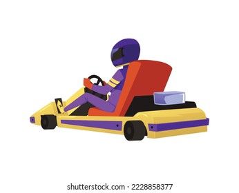 Kart racer in helmet sitting in sports racing car, flat vibrant colors vector illustration isolated on white background. Karting sport and competition emblem element.