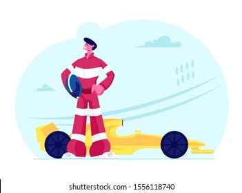 Kart Racer in Uniform Holding Helmet Posing near his Car on Karting Track. Extreme Auto Sport Competition, Road Trophy Race Championship, Driver Racing on Go Kart. Cartoon Flat Vector Illustration