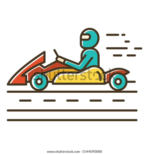 Kart racing color icon. Man\
in karting vehicle on track. Driver in kart car. Open-wheel\
motorsport. Recreational go-karting. Extreme sport. Isolated vector\
illustration