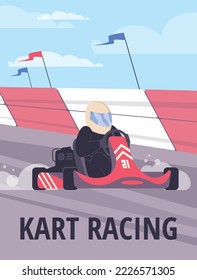 Kart racing competition banner or poster mockup, flat cartoon vector illustration. Karting sport races banner template for web posters and print materials.