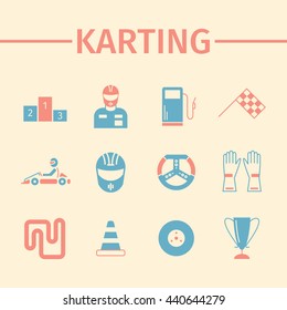 Kart racing, karting, driver equipment. Flat icon set. Vector illustration.