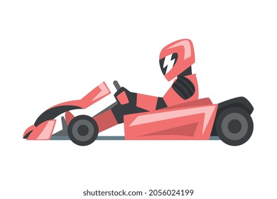 Kart Racing or Karting with Man Racer in Open Wheel Car Engaged in Motorsport Road Extreme Driving Vector Illustration