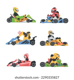 Kart Racing or Karting with Man Racer in Open Wheel Car Engaged in Motorsport Road Extreme Driving Vector Set