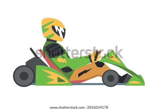 Kart\
Racing or Karting with Man Racer in Open Wheel Car Engaged in\
Motorsport Road Extreme Driving Vector\
Illustration