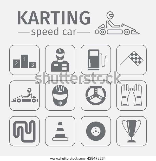 Kart racing, karting, motorsport, kart,\
superkart, go-kart, gearbox kart, shifter kart, driver equipment.\
Thin line icon set. Vector\
illustration.
