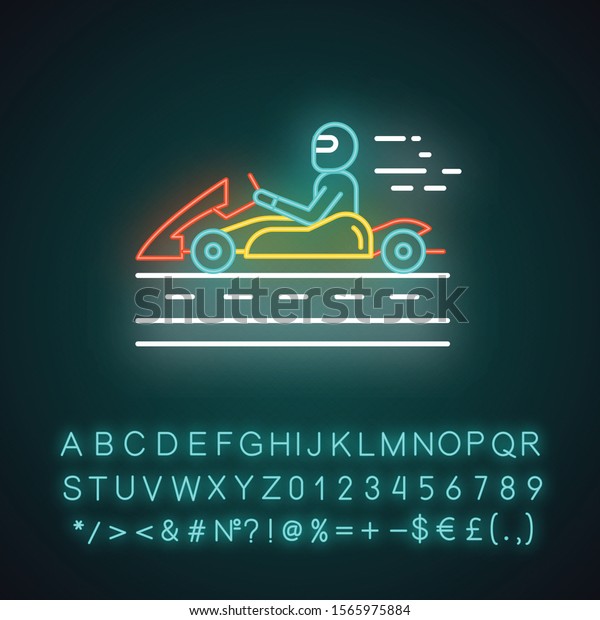 Kart\
racing neon light icon. Man in karting vehicle on track. Open-wheel\
motorsport. Recreational go-karting. Glowing sign with alphabet,\
numbers and symbols. Vector isolated\
illustration