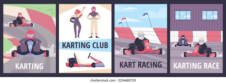 Kart-Rennplakate Set, flache Vektorgrafik. Kart-Rennfahrer, die Autos mit hoher Geschwindigkeit fahren. Karting-Wettbewerb und Karting Club Einladungsbanner. Zeichen in Schutzanzügen und Helmen.