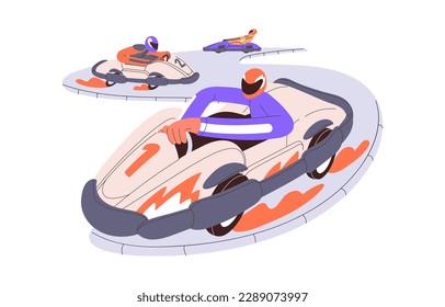 Kart racing. Racers in road cars, gocarts, driving at fast speed at competition. People in go-carts, auto vehicles. Extreme sport entertainment. Flat vector illustration isolated on white background