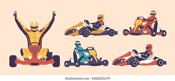 Kart Racing Vektorgrafik Set mit mehreren Rennfahrern in verschiedenen Positionen. Ein Fahrer feiert einen Sieg mit erhobenen Armen