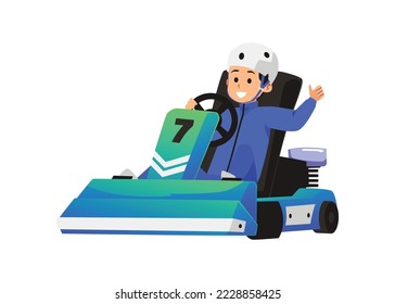 Kart racing winner champion, flat vector illustration isolated on white background. Child boy kart racer sitting in car. Kids karting club emblem or logo design element.