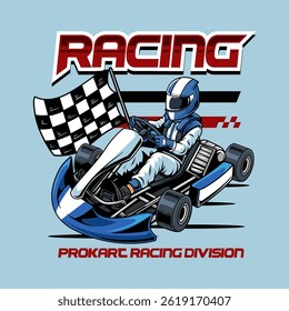 Kart sport racing, blue color with a man driver emblem logo cartoon illustration for poster, t-shirt print, business element, social media content, blog, sticker, vlog, and card