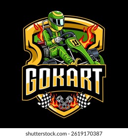 Kart sport racing, green color with a man driver emblem from side view logo cartoon illustration for poster, t-shirt print, business element, social media content, blog, sticker, vlog, and card