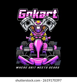 Kart sport racing, pink color with a woman driver and two pistons cartoon illustration for poster, t-shirt print, business element, social media content, blog, sticker, vlog, and card