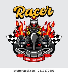 Kart sport racing, red color with man driver from front view cartoon illustration for poster, t-shirt print, business element, social media content, blog, sticker, vlog, and card
