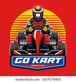 Kart sport racing, red color with a man driver emblem from front view logo cartoon illustration for poster, t-shirt print, business element, social media content, blog, sticker, vlog, and card