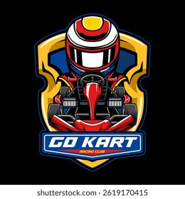 Kart sport racing, red color with a helmet driver from front view emblem logo cartoon illustration for poster, t-shirt print, business element, social media content, blog, sticker, vlog, and card
