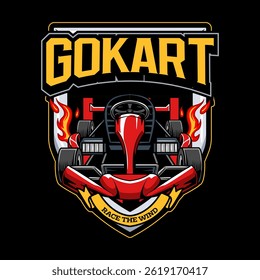 Kart sport racing, red color from front view emblem logo cartoon illustration for poster, t-shirt print, business element, social media content, blog, sticker, vlog, and card