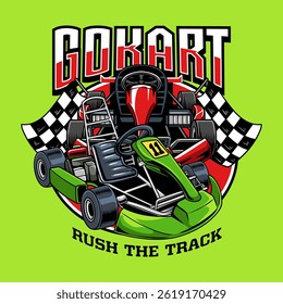 Kart sport racing red-green color logo emblem cartoon illustration for poster, t-shirt print, business element, social media content, blog, sticker, vlog, and card