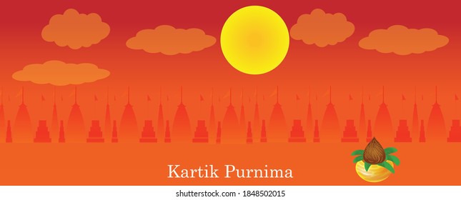 Kartik Purnima vector illustration with red background, kalash, sun and cloud. 