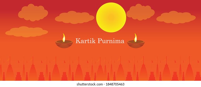 Kartik Purnima vector illustration with red background, Diya , sun temple and cloud. 