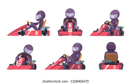 Karting Car. Street Speed Racers Competition Sport Automobile Go Kart Vector Background Cartoon