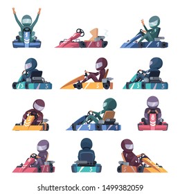 Karting cars. Fast racers speed karting machines on road vector cartoon illustrations